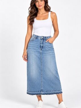 Talbots Size 12 Light Wash Denim Maxi Skirt Raw Hem Back Slit